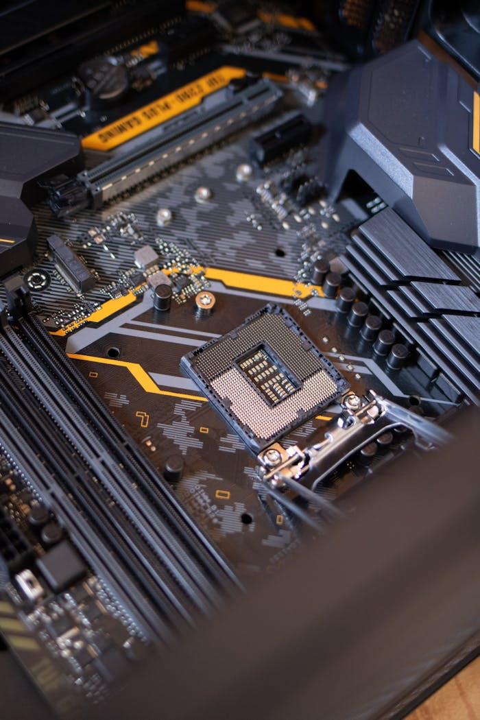 who-we-are Detailed view of a computer motherboard highlighting electronic components and technology connections.